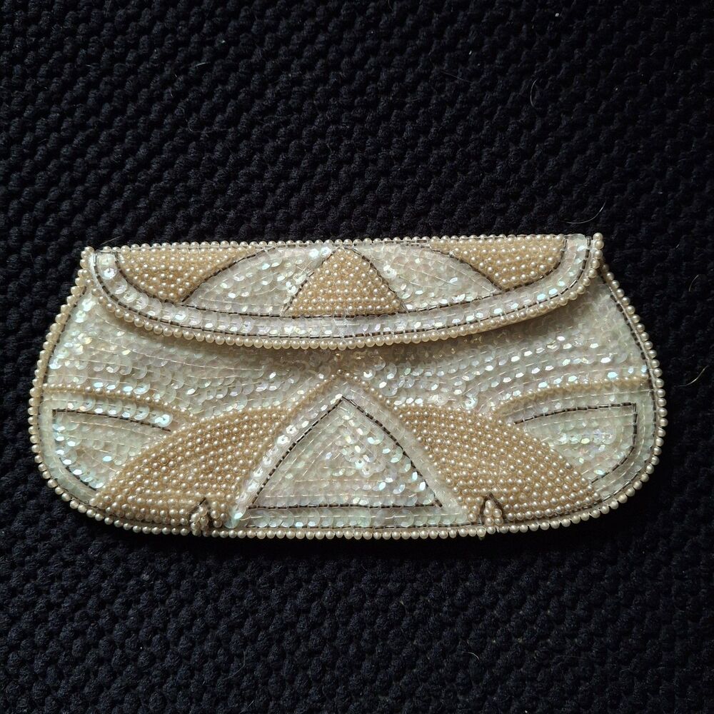 Vintage Beaded Sequins pearls Clutch Made In Japan fold over Evening Bag